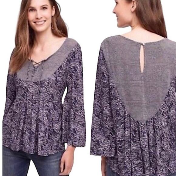 Anthropologie Akemi + Kin Marcella Blue Purple Lace Up Boho Peasant Top - L - Picture 1 of 9